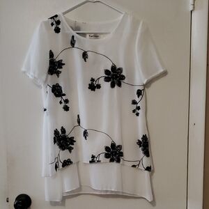 Elegant White Blouse with Black Floral Embroidery